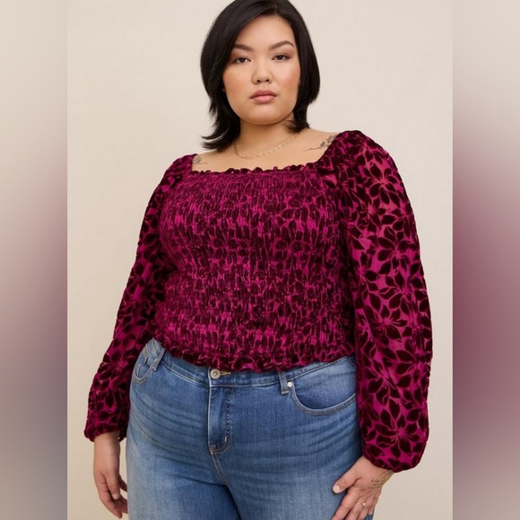 torrid Tops - Torrid Velvet Smocked Blouson Sleeve Crop Top Size 2x